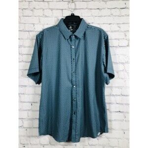 Rugby University Men Shirt Short Sleeve Button Down Geometric Stretch Teal XL